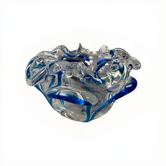 Unmarked Other - Vintage Murano Style Sommerso Art Glass Bowl Blue‎ Freeform Splash Dish Mid Cent